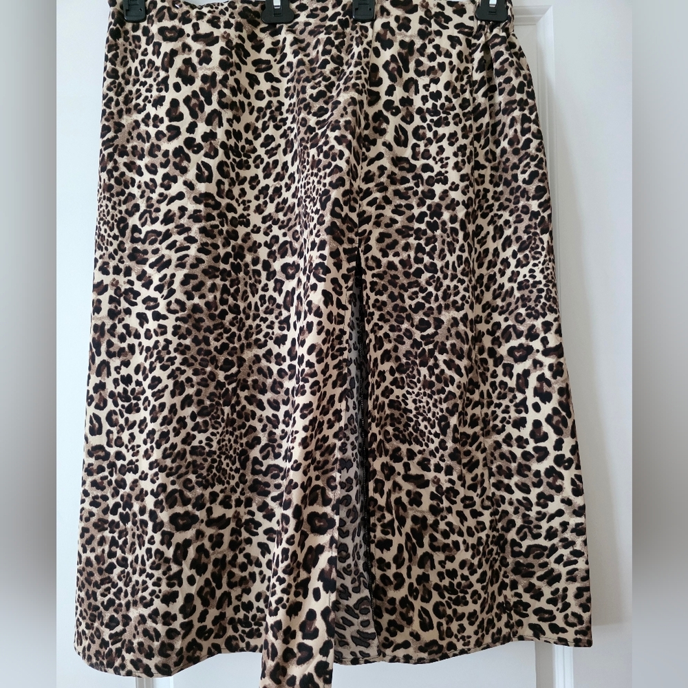Leopard Print Satin Slit Midi Skirt Womens 2x Brown Black Boho Grunge Festival